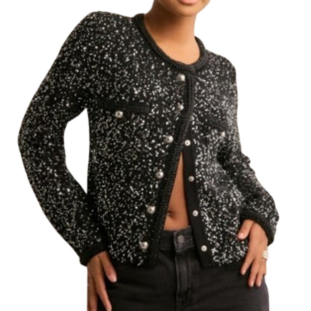 $395 Michael Kors Black Silver Sequins Sweater Blazer Large Button Heavyweight
